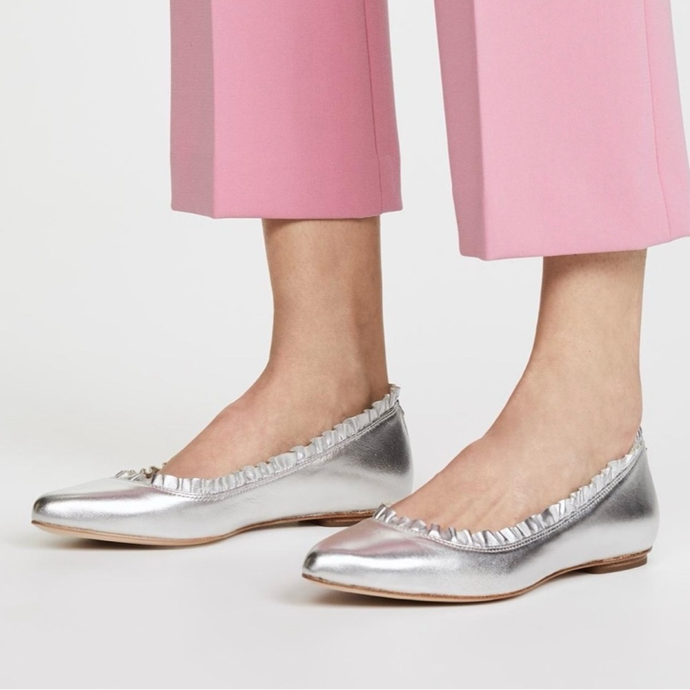 Kate Spade Silver Pointed Toe Ballet Flats with ruffle detail size 9 EUC